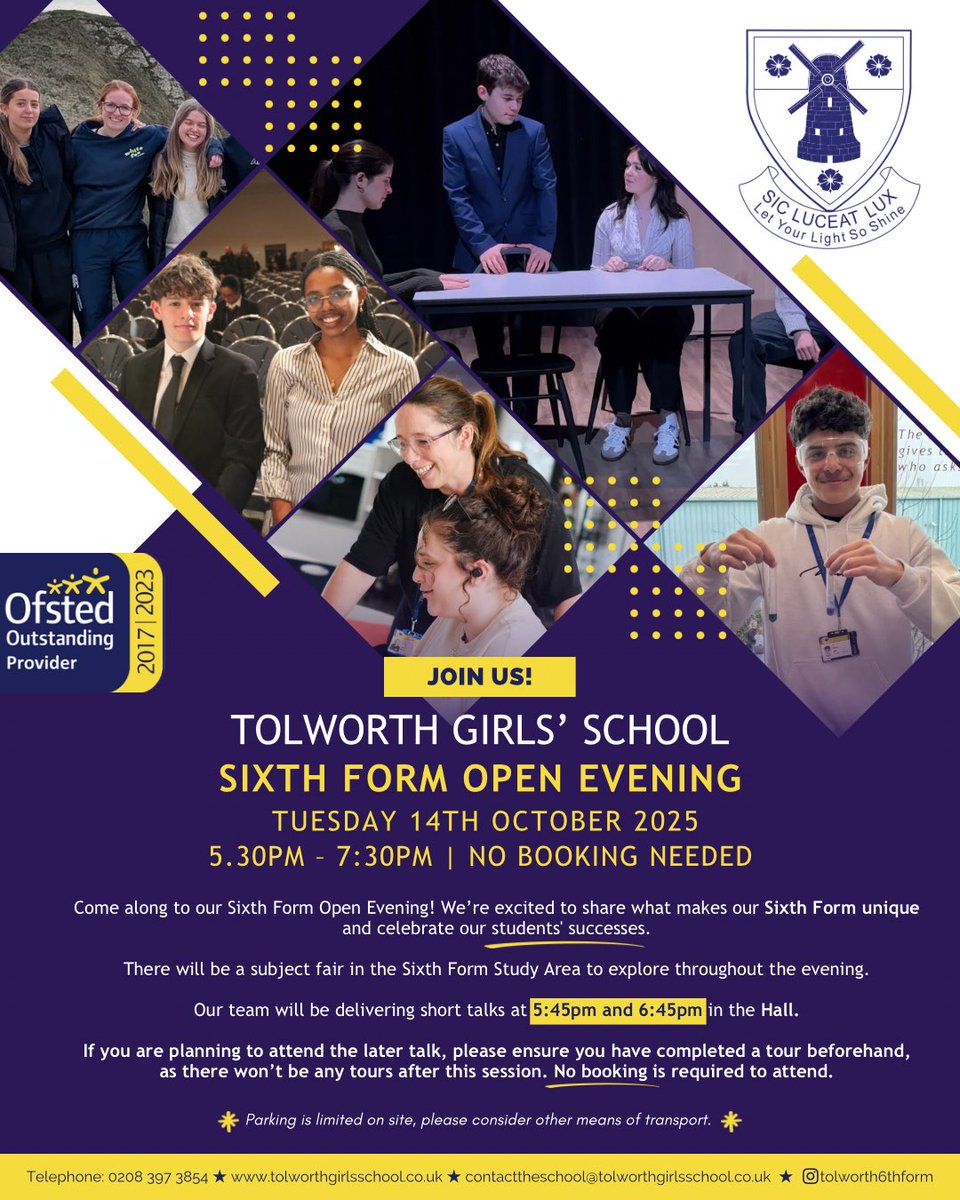 📣 Join us for our Sixth Form Open Evening!
📅 Tues 14th Oct 2025 | 🕠 5:30–7:30pm | 📍 No booking needed!

Meet staff &amp; students, explore subjects and discover what makes TGS Sixth Form so special 💛💙

🎤 Talks: 5:45pm &amp; 6:45pm in the Hall
#TGSSixthForm #OpenEvening