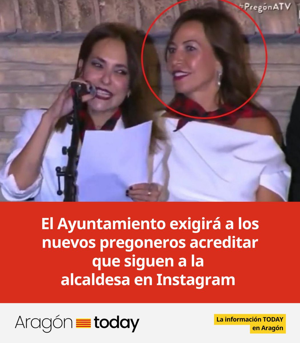 aragontoday's tweet image. El Ayuntamiento exigirá a los nuevos pregoneros acreditar que siguen a la alcaldesa en Instagram y le han dado al menos tres “me gusta” a sus fotos.
#AragónToday #NataliaChueca #Noticias #FiestasDelPilar2026 #Aragón