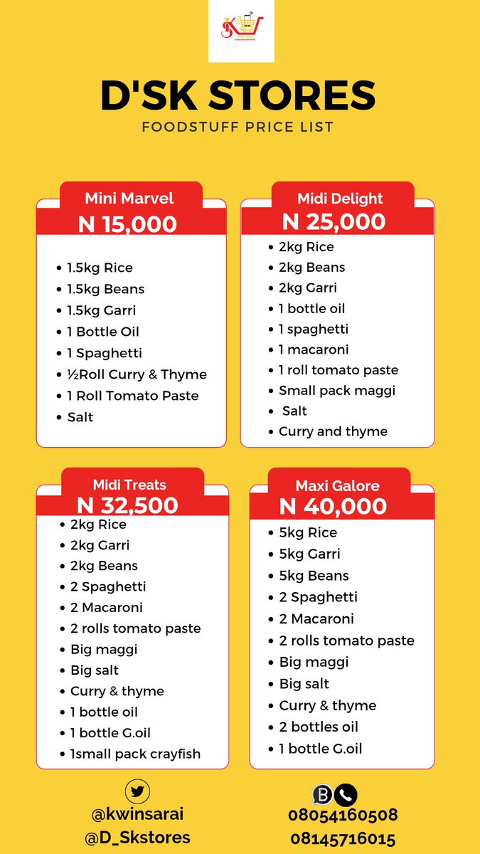 At D'Sk Stores,we're passionate about bringing you Quality Foodstuff that makes your meals delicious.

Our price list is below, get a selection of our finest foodstuff,curated for you.

We offer Nationwide delivery, so you can enjoy our products  anywhere in Nigeria.

DELTA STATE