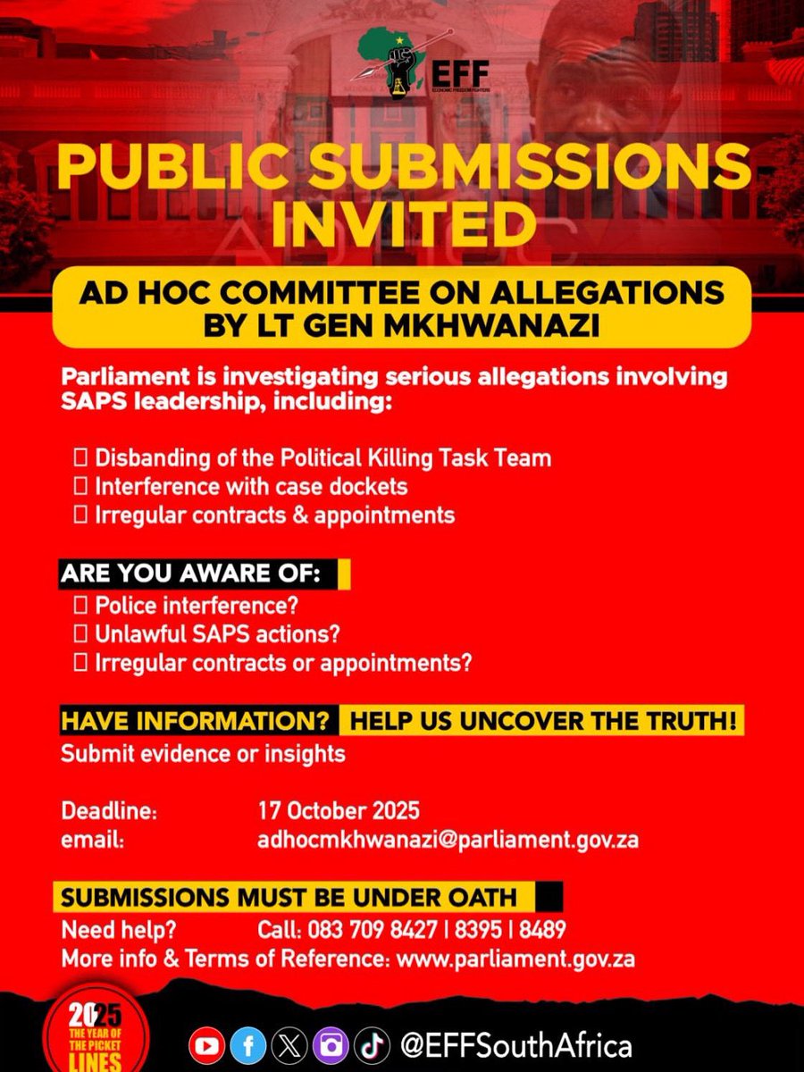 EFFSouthAfrica's tweet image. 🚨Call for Public Submissions🚨

Parliament’s Ad Hoc Committee is currently probing serious claims made by Lt Gen Mkhwanazi against the SAPS leadership, including alleged interference in investigations, irregular contract awards, and other concerning issues.

Do you have…