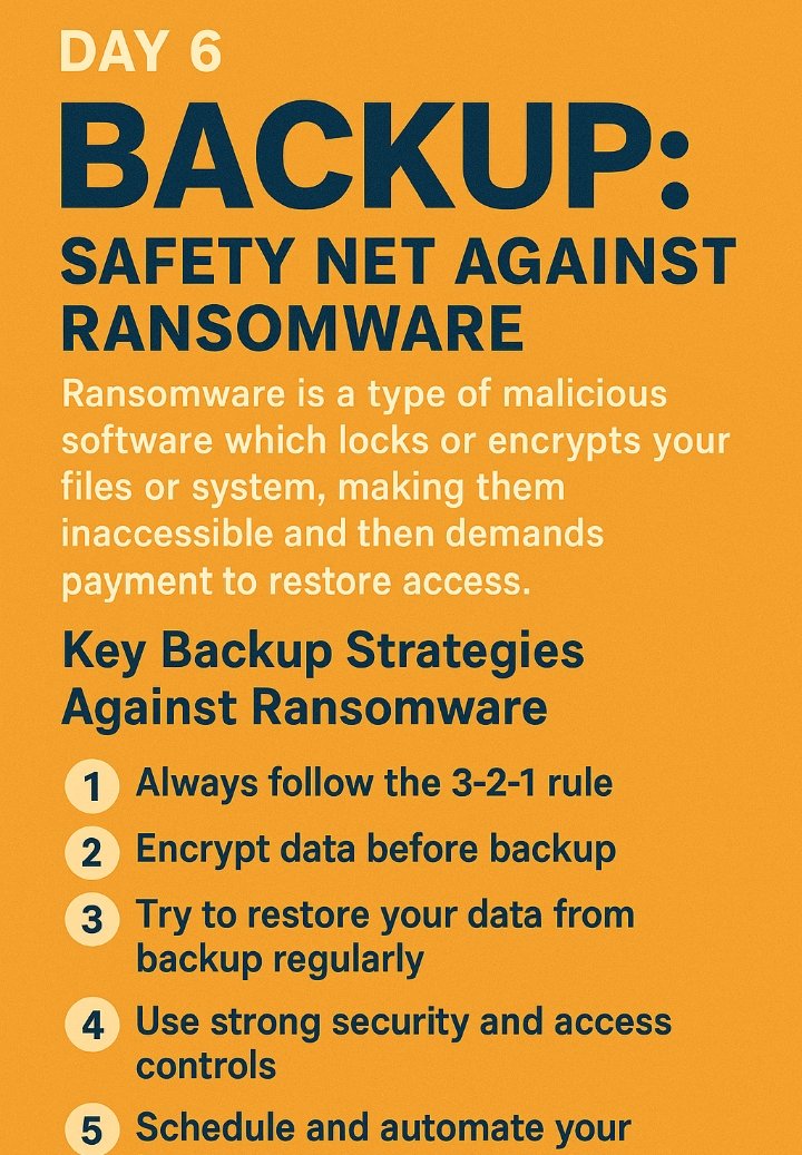 talk_2_josh's tweet image. DAY 6 OF CYBER AWARENESS 

BACKUP: Safety Net Against Ransomware.

Backups are the most effective way to recover from a ransomware attack. To serve as a true safety net, backups must be implemented and secured using specific strategies.
#Cyberawareness 
#Onlinesafety 
@AfriTechX