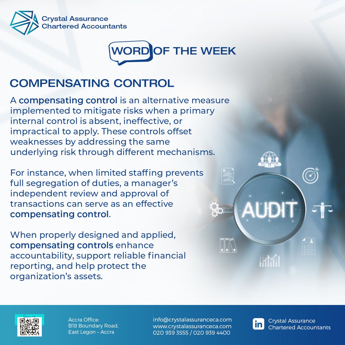 crystalaca_'s tweet image. Word for the week: Compensating Control

When properly designed and applied, compensating controls enhance 
accountability, support reliable financial reporting, and help protect the 
organization’s assets.

#crystalassuranceca #compensatingcontrol #audit #wordfortheweek