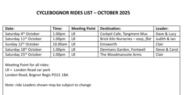 cyclebognor's tweet image. Our October schedule!
