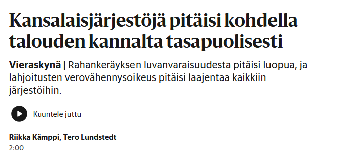 LundstedtTero's tweet photo. Ensimmäinen @hsfi Vieraskynäni koskaan,🤩 yhdessä @RiikkaKatariina kanssa! 

Suomessa rahankeräys on tiukasti säänneltyä ja verovähennysoikeus lahjoituksista koskee vain harvoja kohteita. Hallitus on kuitenkin todennäköisesti muuttamassa jälkimmäistä vuodesta 2026 eteenpäin. 
1/2 https://t.co/68ZLvWRRgv