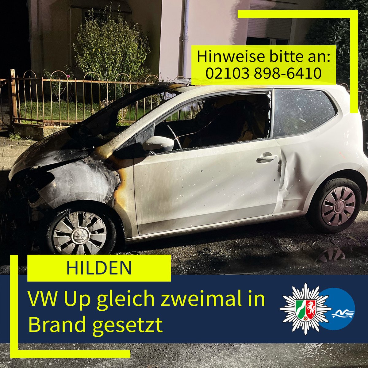 #Hilden: VW Up gleich zweimal in Brand gesetzt 🔥
🔷 Am frühen Sonntagmorgen, 5. Oktober 2025, brannte in Hilden gleich zweimal ein VW Up. Die Polizei ermittelt und bittet um Hinweise. Mehr hier: fcld.ly/nxwfxqd #PolizeiME