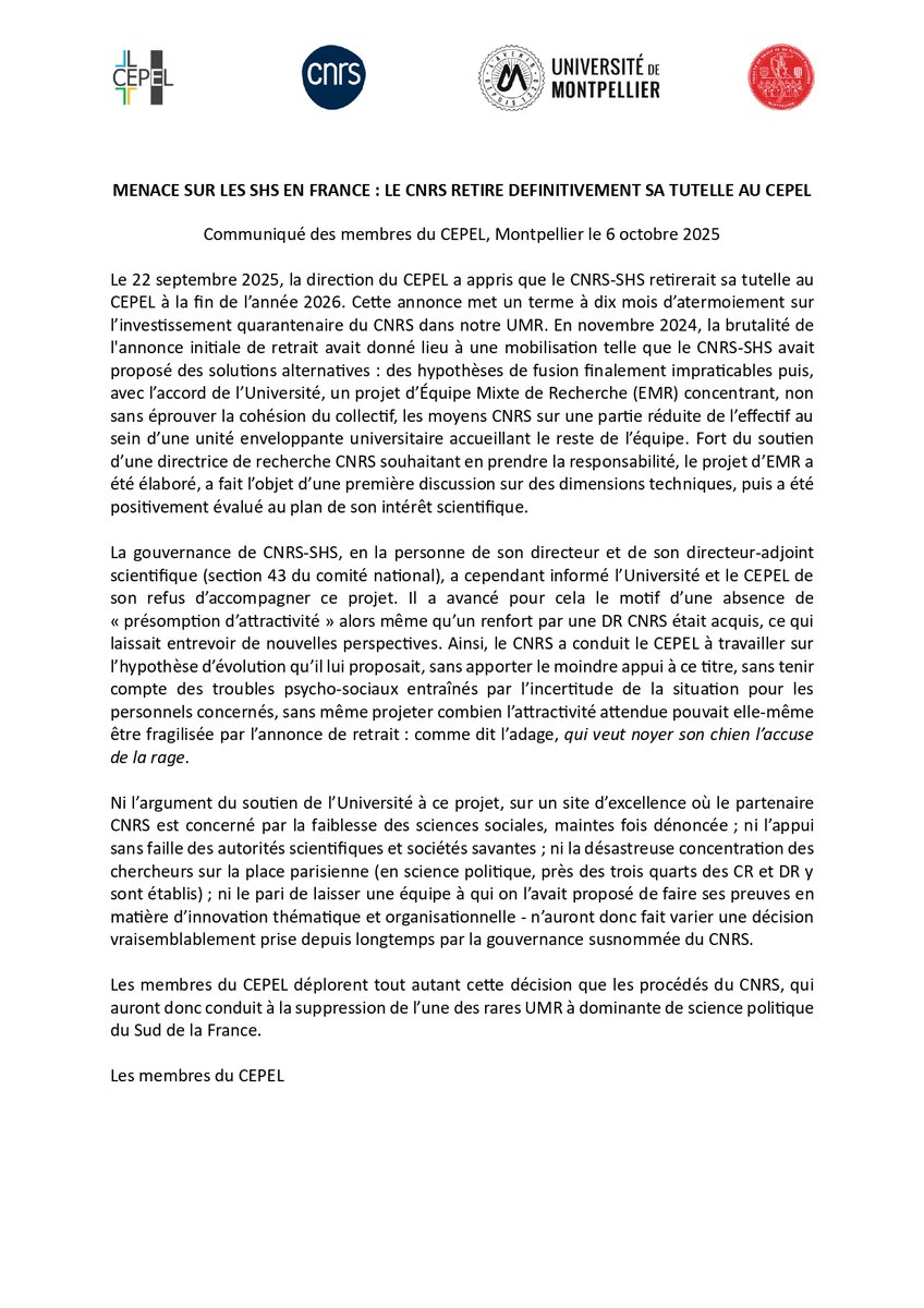 Menace sur les SHS en france : le CNRS retire définitivement sa tutelle au CEPEL.
Communiqué des membres du CEPEL, Montpellier le 6 octobre 2025