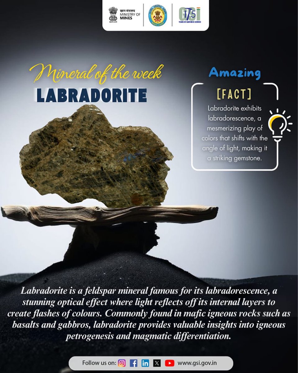 GeologyIndia's tweet image. Labradorite is a mesmerizing feldspar mineral known for its iridescent play of colors, called labradorescence. This fascinating gemstone captures the magic of light and mineralogy in one stone. 

#MineralOfTheWeek #Labradorite #Geoscience #GSI #Geopedia #Mineralogy
