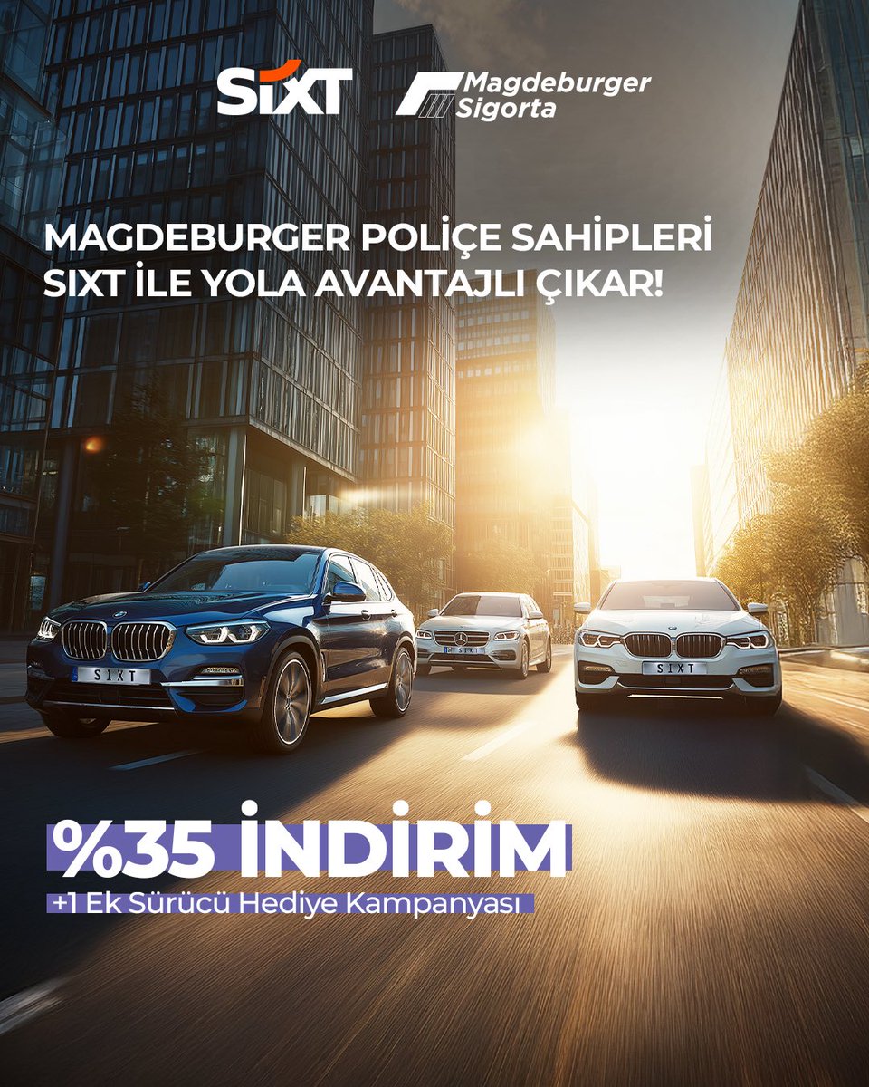 Magdeburger Sigorta poliçe sahiplerine özel SIXT Rent a Car’da tüm araç gruplarında %35 indirim ve 1 ücretsiz ek sürücü fırsatı sizi bekliyor!

📋Bu kampanyadan sadece Magdeburger Sigorta poliçe sahipleri faydalanabilir.
📅Kampanya 31.12.2025 tarihine kadar geçerlidir.
❗Kampanya
