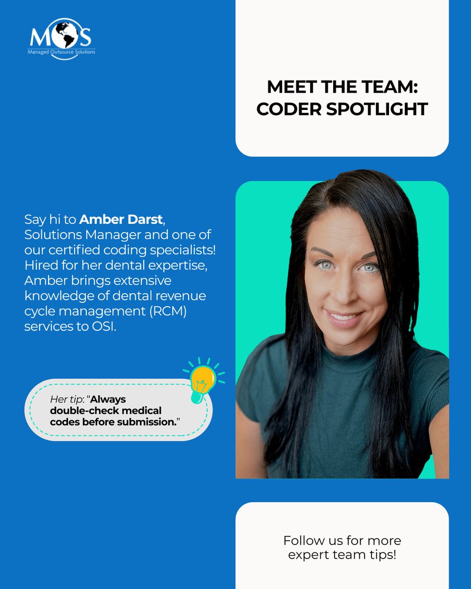 osi_medcoding's tweet image. Meet Amber Darst, one of OSI’s certified coding specialists with deep dental RCM expertise!
Her pro tip: always double-check medical codes before submission.

Follow us for more insider tips from the team that help keep your practice compliant!

#MeetOurTeam #MedicalCoders