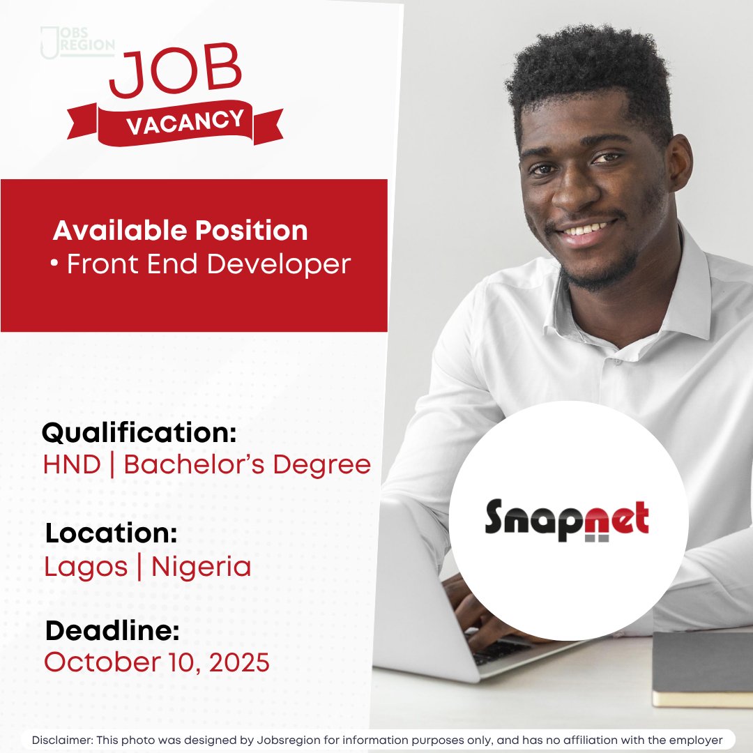 YorubaProjobs's tweet image. 💻 Front End Developer @ Snapnet Ltd

📍 Lagos, Nigeria
💰 ₦200K–₦300K/month
🎓 HND/Bachelor’s Degree
⏰ Deadline: Oct 10, 2025

👉 Apply here: forms.office.com/pages/response…

#TechJobs #FrontendDeveloper #NigeriaJobs #Snapnet #DeveloperJobs