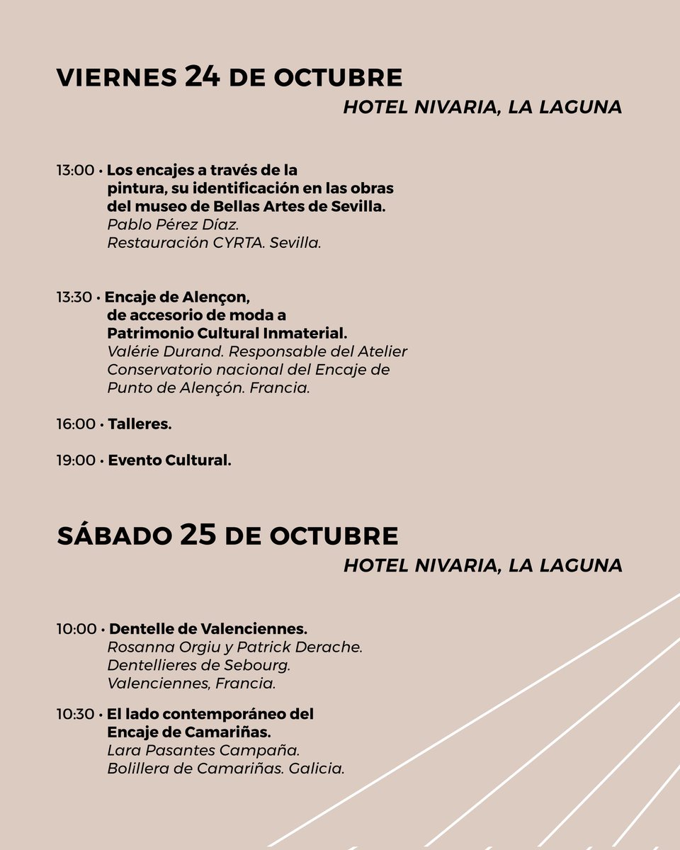 🗣️✨ PROGRAMACIÓN 1ª Jornadas Internacionales del Encaje Tenerife 2025 <a href="/Artenerife_/">Artenerife</a>  <a href="/CabildoTenerife/">Cabildo de Tenerife</a>
🫂En colaboración <a href="/ayto_tegueste/">Ayuntamiento de Tegueste</a> <a href="/aytolalaguna_es/">Ayuntamiento de La Laguna</a> <a href="/FundacionCICOP/">Fundación CICOP</a> y <a href="/MuseoCayetano/">Casa Museo Cayetano Gómez Felipe</a>
🗓️Del 22 al 25 de octubre de 2025
📍Teatro Príncipe Felipe #Tegueste y Hotel Nivaria #LaLaguna