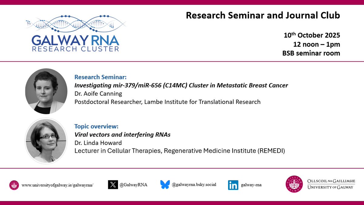 We’re continuing our Research Talks &amp; Topic Overview sessions this Friday!
📅 Join us on 10th October for another great discussion from the #GalwayRNAResearchCluster