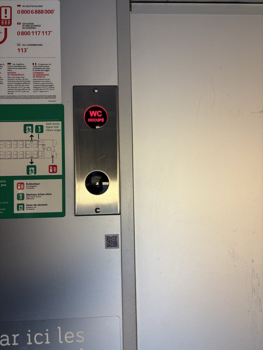 Allo <a href="/SNCFVoyageurs/">SNCF Voyageurs</a> <a href="/GroupeSNCF/">Groupe SNCF</a> quand dans un TGV, des toilettes sont hors-service, vous pouvez mettre une petite affichette « Hors-service » au lieu d’obliger 25 passagers à se lever, attendre 5 mn, s’impatienter, partir et revenir pendant 1h30 ? 🤔🤬 Sens pratique et respect 🤔