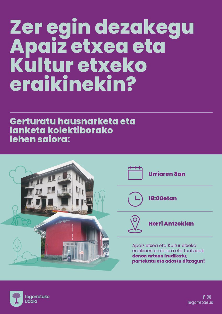 📍 Apaiz etxea eta Kultur etxeko eraikinen erabilerei buruzko hausnarketa saioa.

ℹ️ labur.eus/texoi1b5

#Legorreta