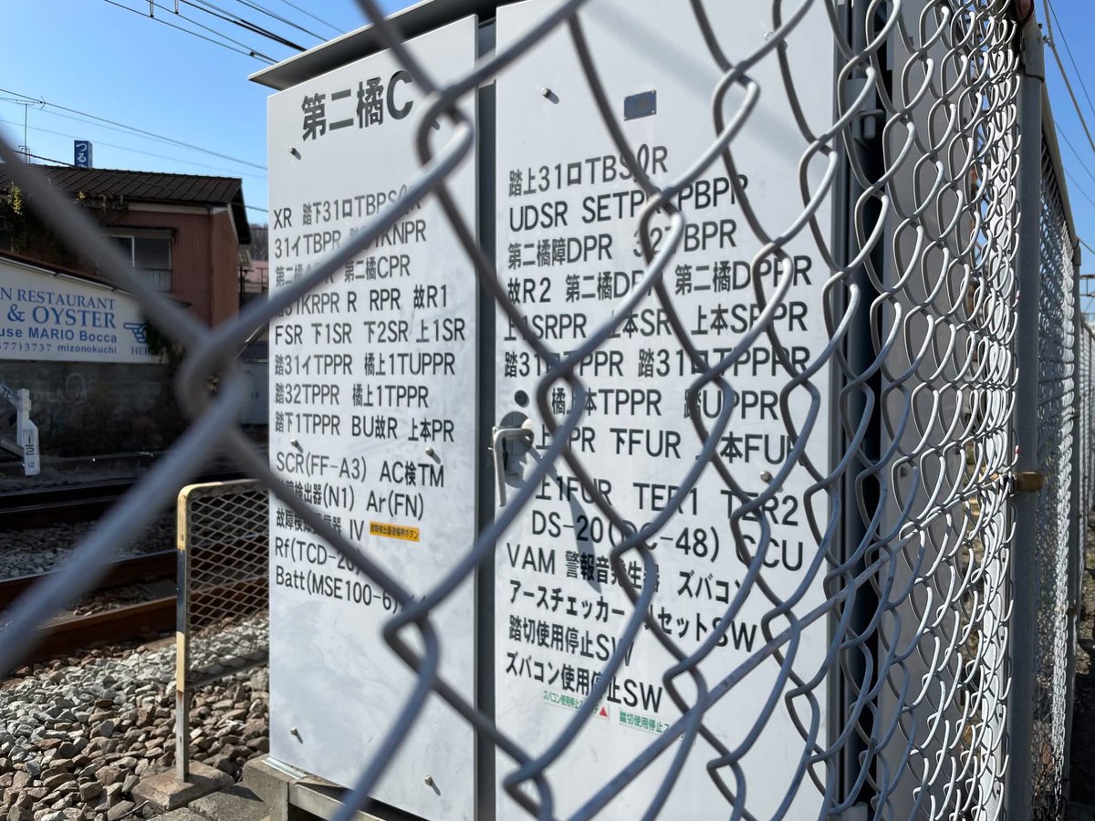 通るたびに気になっていた踏切近くの線路脇にある信号器具箱に書かれた大量の呪文。鉄道の安心安全な運行への執念を感じる。