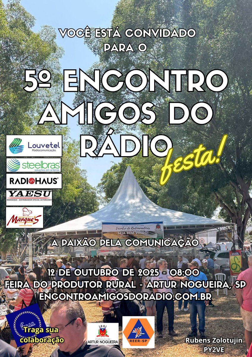 rhz_'s tweet photo. 5 dias para o 5º Encontro Amigos do Rádio em Artur Nogueira, SP ao lado da feira do produtor rural - encontro de radioamadores e faixa do cidadão. https://t.co/55MqYb0pCz #hamradio #hamfest #radioamadores #Brasil #px #faixadocidadao https://t.co/UnlS8lRhOK