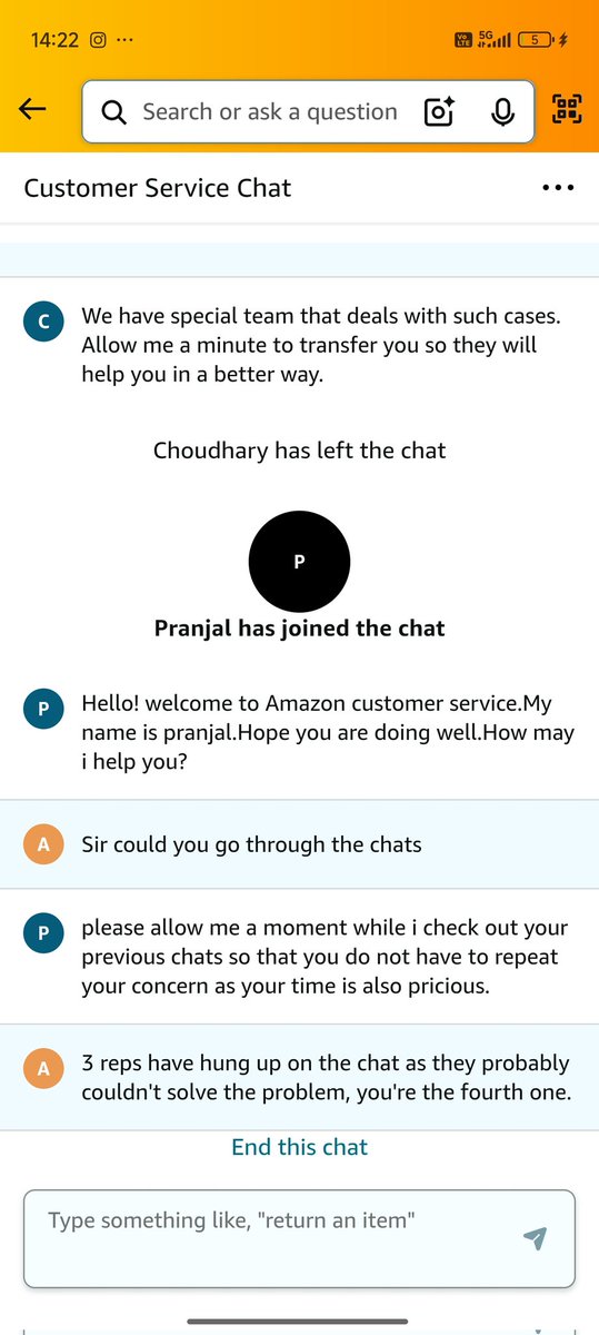 AratrikD's tweet photo. @amazonIN @amazon @AmazonHelp so far 4 reps have literally disconnected from the help chat. None of them could provide an iota of support. Please guide. https://t.co/h6VSiG9soT