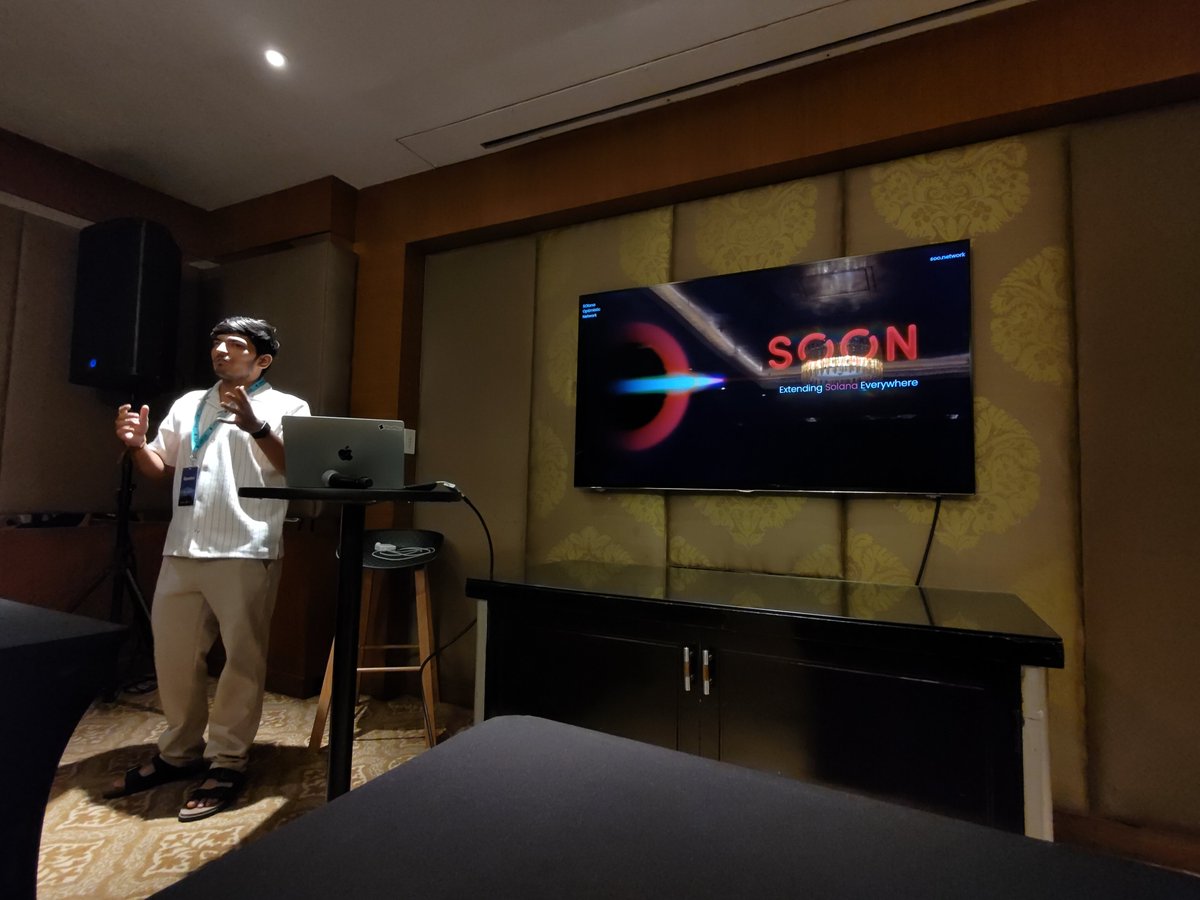 grapeprotocol's tweet image. We have @0xrahulk talking about developing a L2 rollup called @soon_svm for ETH using a Solana Virtual Machine #SolanaAPEX