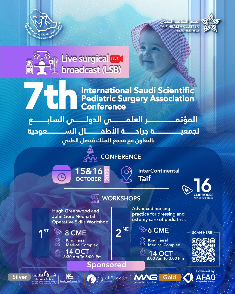 7th_Saudi_PSC's tweet image. 📢 Join the 7th International Saudi Scientific Pediatric Surgery Association Conference!
🔴 Featuring Live Surgical Broadcast (LSB)
✅ 16 CME Hours
📅 15 – 16 October 2025
🔗 Register now: afaq-lms.com/en/one-courses…
@afaqlms
@TaifHCluster