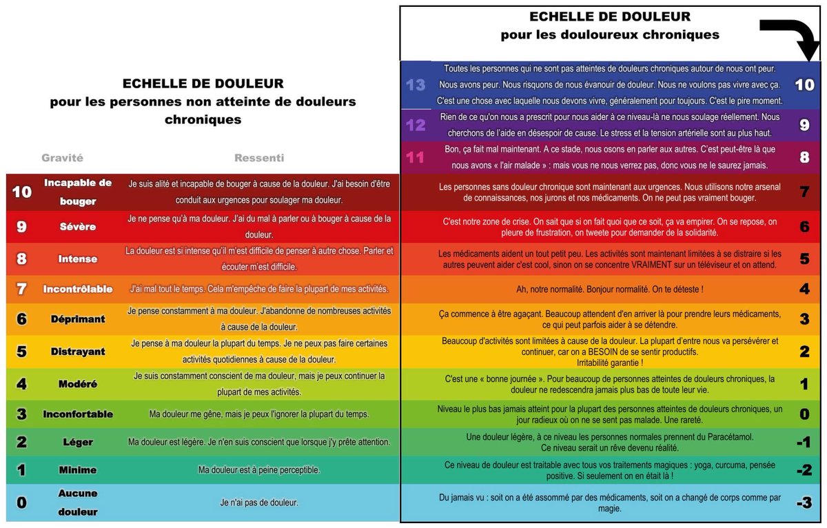 Échelle de douleur « classique » versus échelle de douleur « douleurs chroniques » 

J’ai vu ça sur la page de <a href="/voixdmigraineux/">La Voix des Migraineux</a>. 

Cette échelle n’a rien d’officiel, mais je la trouve très vraie : quand on souffre de douleurs chroniques, le rapport à la douleur change 👇🏻