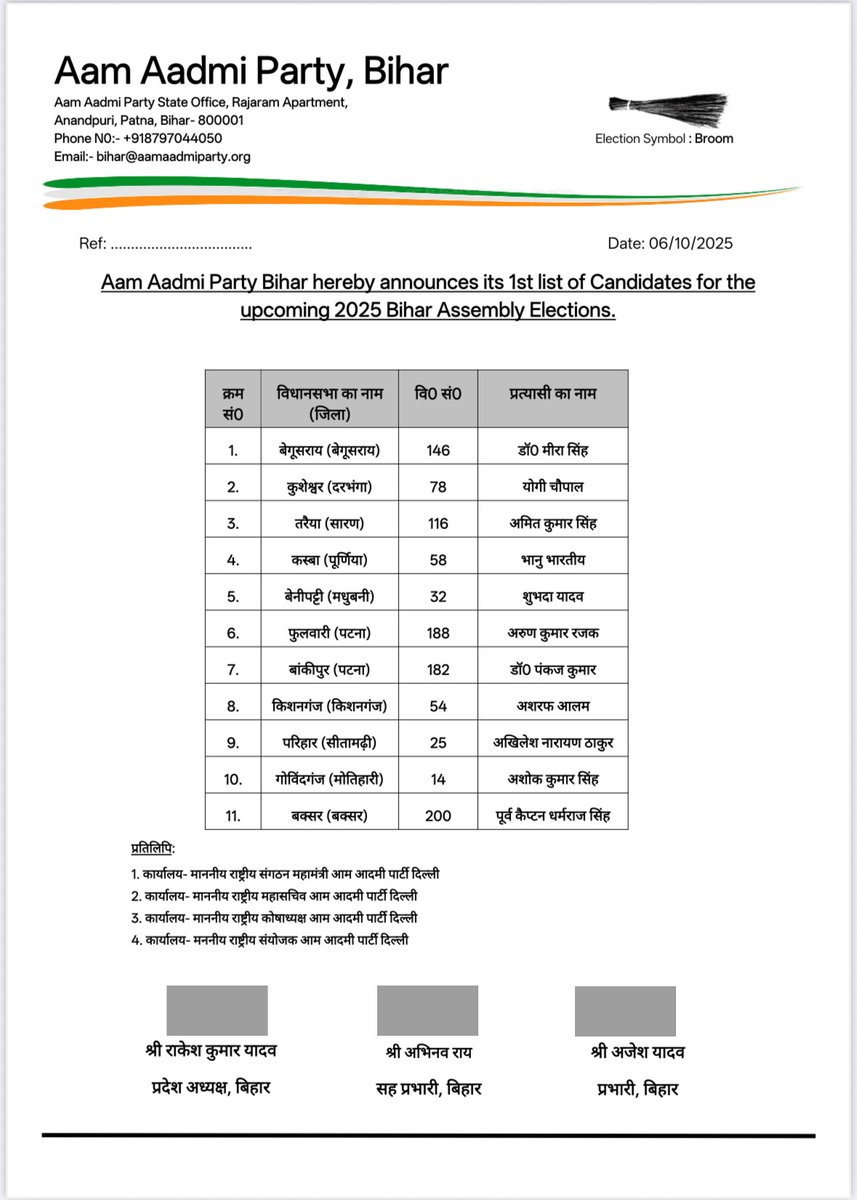 RakeshAAPBihar's tweet image. आम आदमी पार्टी बिहार के विधानसभा प्रत्याशियों की पहली सूची जारी।
सभी घोषित प्रत्याशियों को शुभकामनाएं
#BiharMaangeKejriwal
