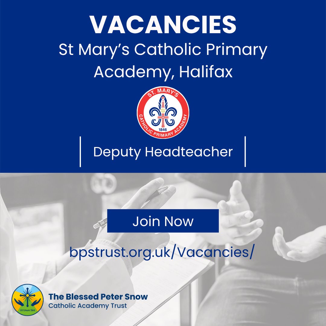 St Mary's Catholic Primary Academy is recruiting for a Deputy Headteacher.  

Closing date: Midday, Thu 16th Oct, 2025.  

View full details and apply online <a href="/mynewterm/">MyNewTerm</a> ⬇️ mynewterm.com/jobs/148657/ED…

<a href="/StMarysHalifax/">St Mary's  Halifax</a> #WeAreHiring #CatholicEducation