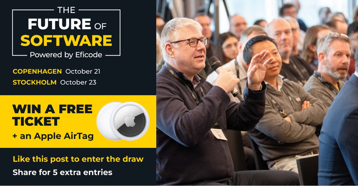 Eficode's tweet image. The Future of Software Conference is almost here!
We’re diving into platform engineering, AI, DevOps and modern software leadership.
Win 1 of 10 free tickets + Apple AirTags!
1️⃣ Like this post
2️⃣ Share for 5 extra entries
Enter by: Oct 10.
#TechLeadership #TechConference