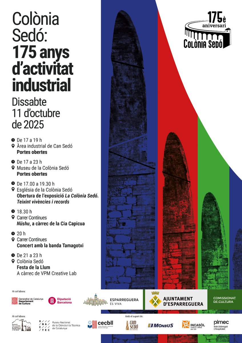 🎂 Aquest dissabte #Esparreguera celebra el 175è aniversari de la #ColòniaSedó amb una proposta espectacular!
 
✨ Festa de la Llum
🏭 Portes obertes al museu
📸 Exposició fotogràfica
🎪 Espectacle Nüshu
🎶 Concert amb Tamagotxi

Consulteu el programa!
👉 bit.ly/46PlmaG