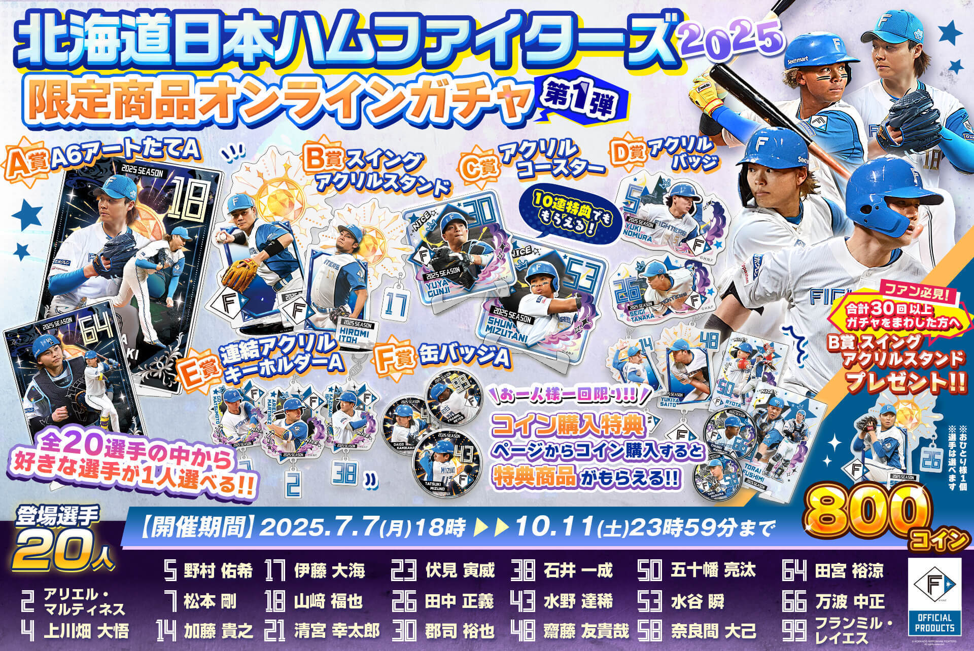 ピピットガチャ 北海道日本ハムファイターズ 全10種セット ピピットガチャ 北海道日本ハムファイターズ 全10種セット