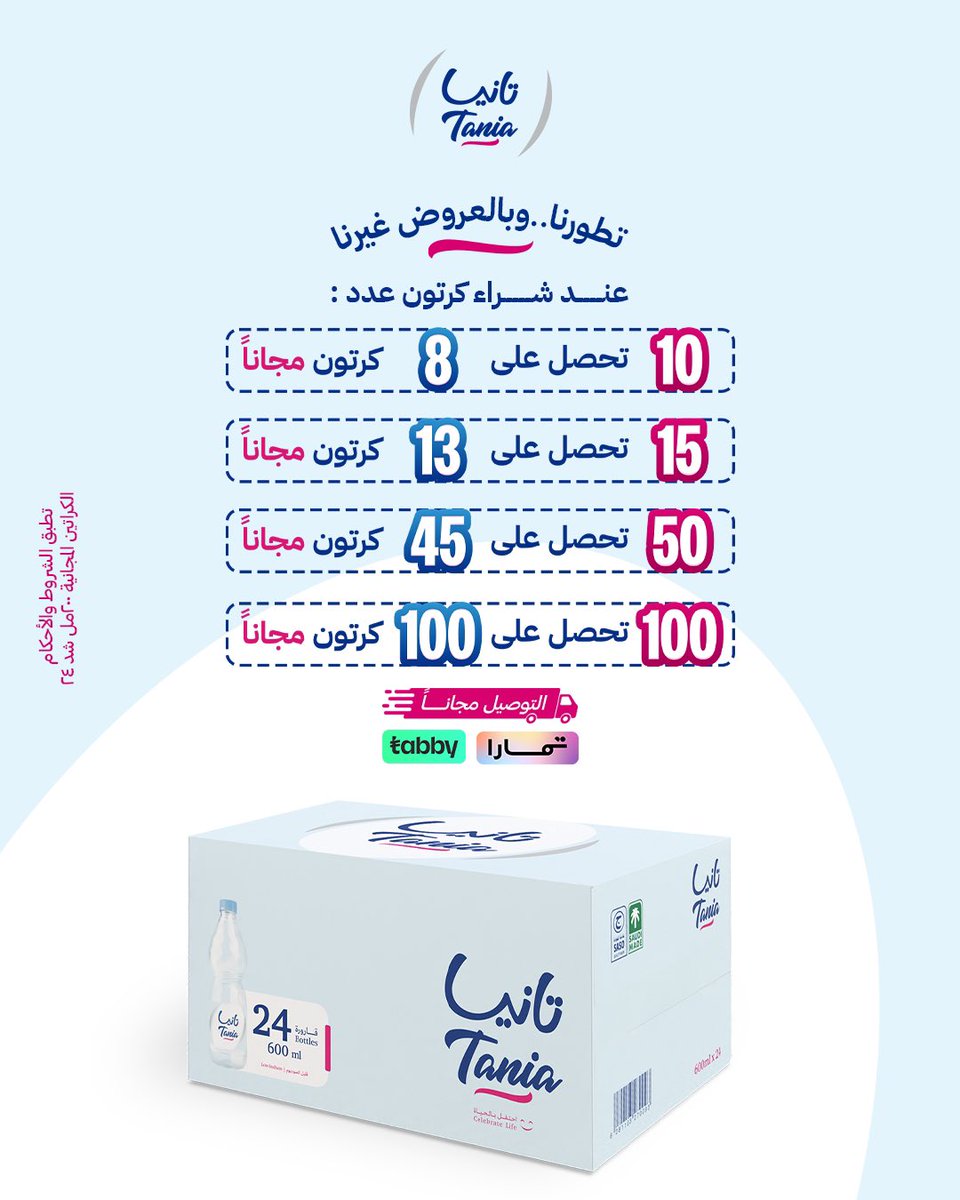 تطورنا..وبالعروض غيرنا💧💙
عروض مياه تانيا بالهوية الجديدة..اطلب العرض اللي يناسبك الآن🤩

#مياه_تانيا #احتفل_بالحياة