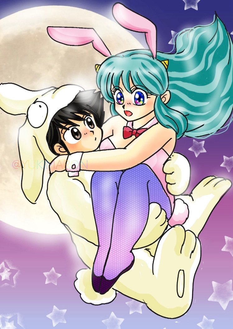 #中秋の名月2025  いや、描くつもり無かったんですわ😅漫画描いてて息抜きの落描きのつもりが…がっつり仕上げてました(笑)月と言えばウサギ🐰ウサギと言えば、ウサギコスあたラムです💖💖可愛いよ〜あたラム💖  #うる星やつら  #あたラム