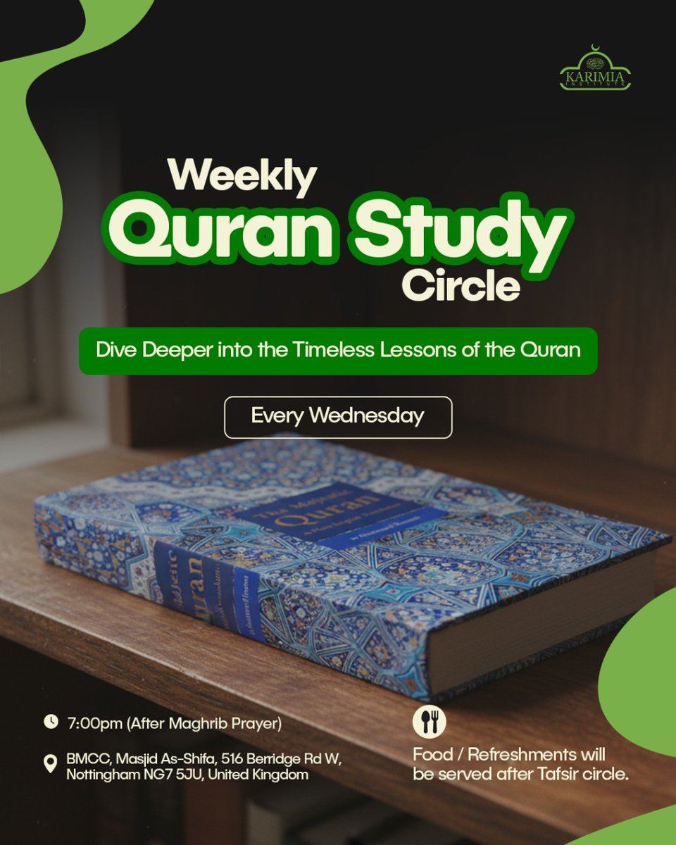 officialkarimia's tweet image. Let’s revive the Sunnah of Quran study gatherings.

Join us every Wednesday as we explore the timeless lessons of the Majestic Quran and learn how to live them in our daily lives.

Get your copy: karimia.com/product/the-ma… #quran #islam #studycircle