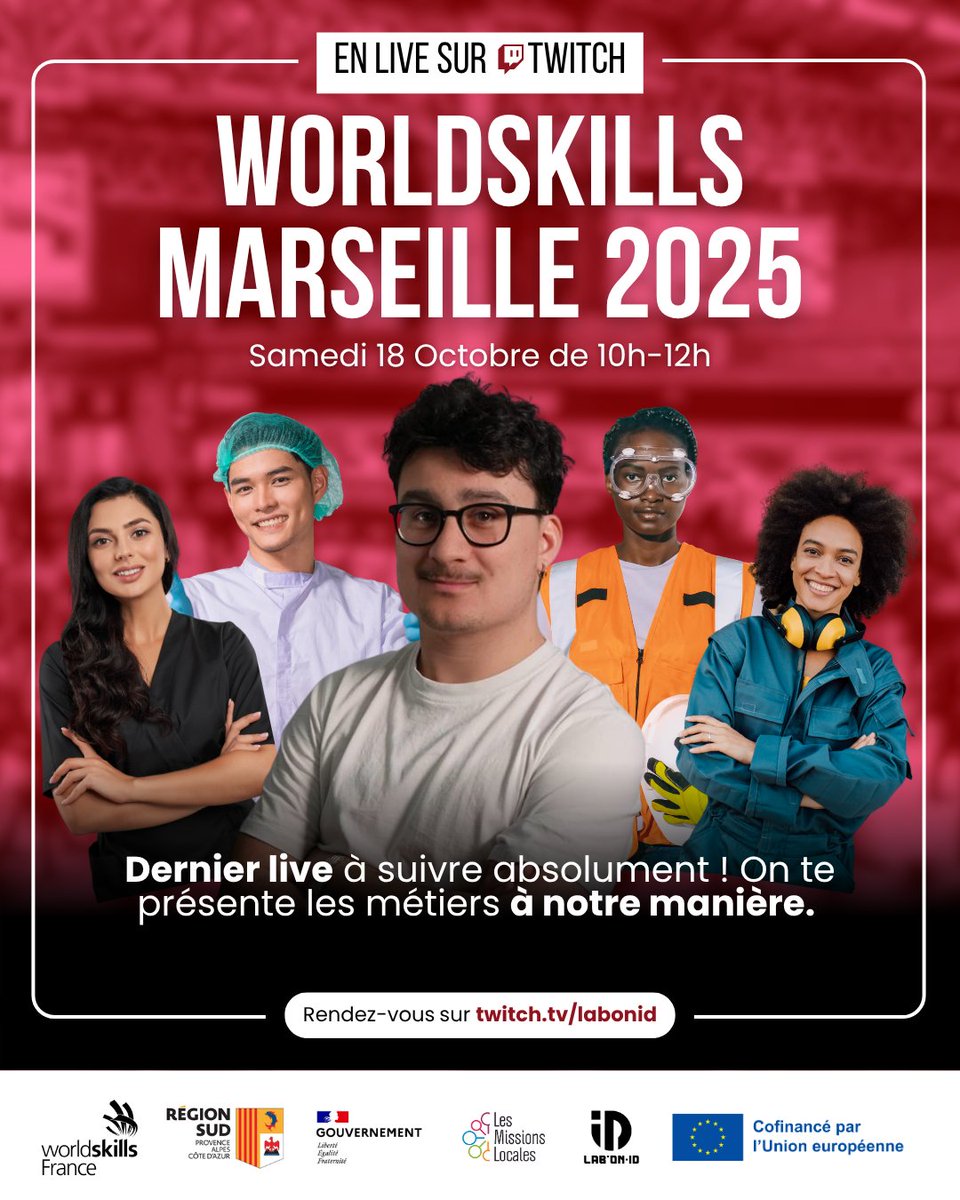 🔴 [Live Twitch : WorldSkills 2025] 🎥

🎥 Le samedi 18 octobre, suivez en direct le live spécial Worldskills 2025 sur la chaîne Twitch de labonid.
📅 De 10h à 12h

🔥 Un rendez-vous incontournable !

👉 twitch.tv/labonid

#WorldSkills2025 #TwitchLive #MissionsLocales2025