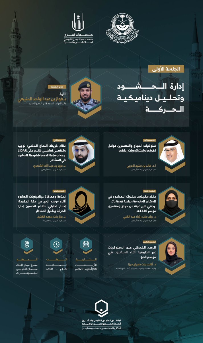 الجلسة العلميَّة الأولى في #الملتقى_العلمي_25 لأبحاث الحج والعمرة والزيارة تفتتح النقاش حول: إدارة الحشود وتحليل ديناميكيات الحركة باستخدام أحدث النماذج العلمية؛ لرفع كفاءة الخدمات المقدمة لضيوف الرحمن.

#جامعة_أم_القرى
#الابتكار_والاستدامة_في_خدمة_ضيوف_الرحمن