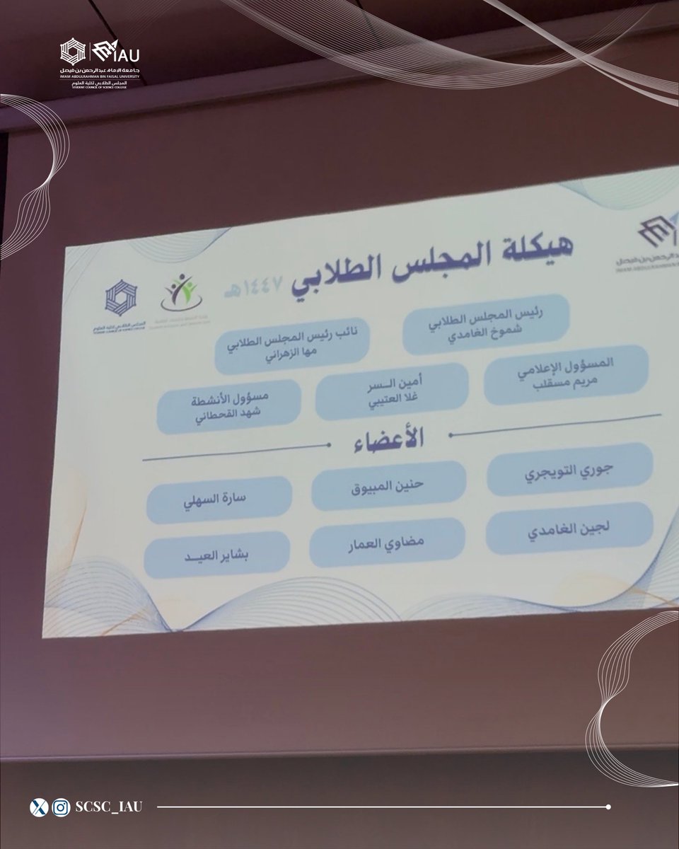برؤية متجددة وانطلاقة جديدة، أقام المجلس الطلابي لـ #كلية_العلوم حفل التدشين لعام ١٤٤٧هـ ✨
بحضور سعادة عميدة الكلية د. رشا العيسى ومنسوبات الكلية، تضمن الحفل تكريم المجلس السابق، الإعلان عن التشكيل الجديد وهويته البصرية وأهدافه للمرحلة القادمة 💫