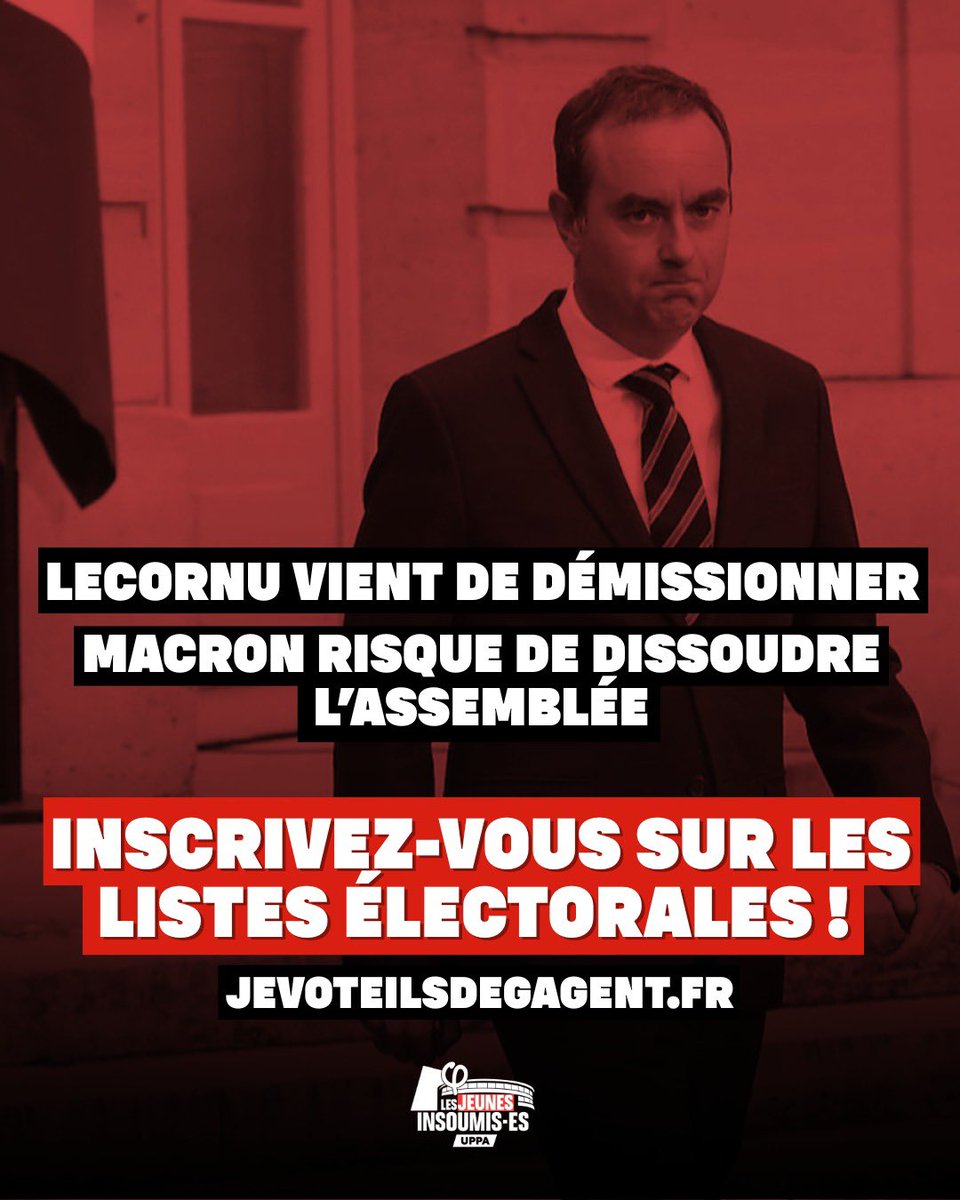 🚨 Lecornu démissionne de son poste de Premier ministre.

Tous les scénarios sont possibles : destitution de Macron, nouveau gouvernement, dissolution de l’Assemblée…

 Vérifie ton inscription : jevoteilsdegagent.fr