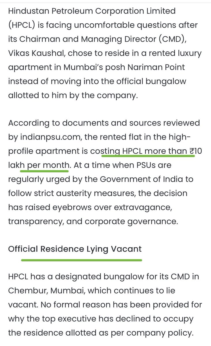 UremO_24's tweet image. Now #HPCL rents luxurious flat for CMD at ₹10L per month while official given residence is vacant.

Are these govt officials being rewarded for doing “something” in favour of “someone”.