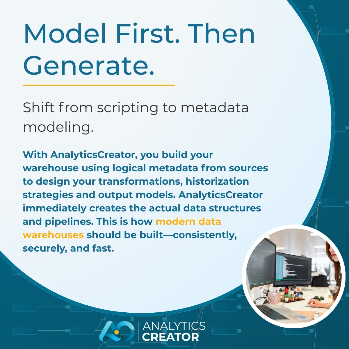 AnalyticsCreato's tweet image. Model First / Then Generate.
Shift from scripting to metadata modeling.
This is how modern data warehouses should be built—consistently, securely, and fast.
#ModelFirst #MetadataDriven #EnterpriseData