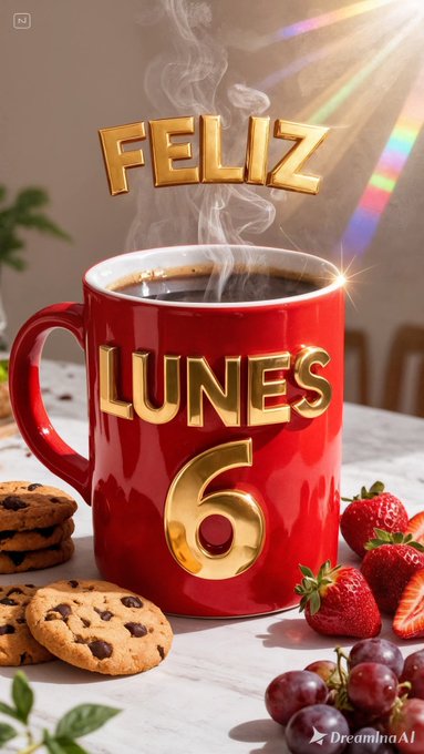 A red mug with gold text reading "FELIZ LUNES 6" filled with coffee, steam rising from it. Strawberries and grapes are arranged beside the mug on a white table. Chocolate chip cookies are stacked nearby, with green leaves visible in the background. A rainbow light effect and sun rays are present, along with a Dreamina.AI watermark at the bottom.