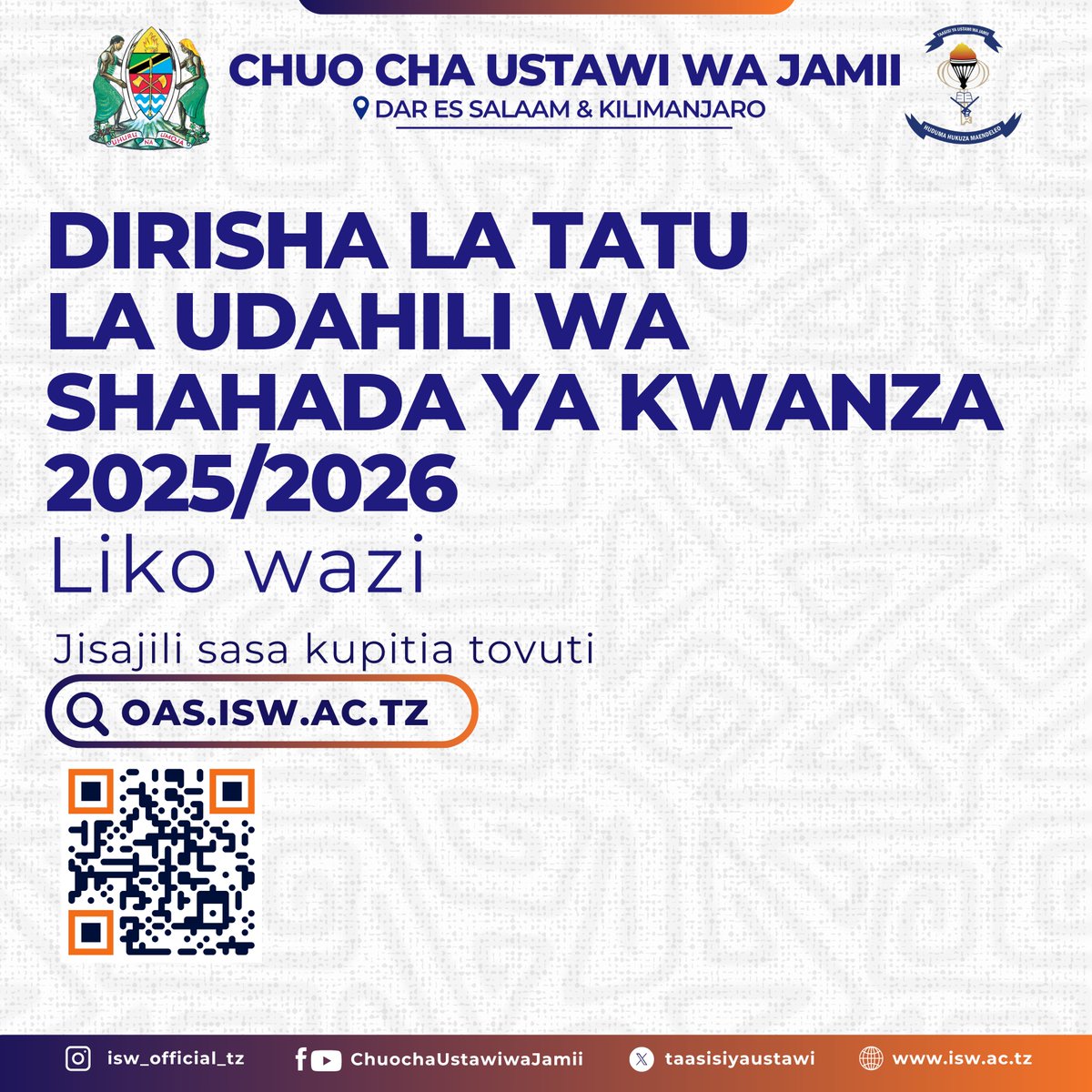 Dirisha la tatu la udahili kwa ngazi ya Shahada ya kwanza (Bachelor degree) liko wazi hadi tarehe 10/10/2025.

📱Jisajili sasa kupitia tovuti ya: oas.isw.ac.tz