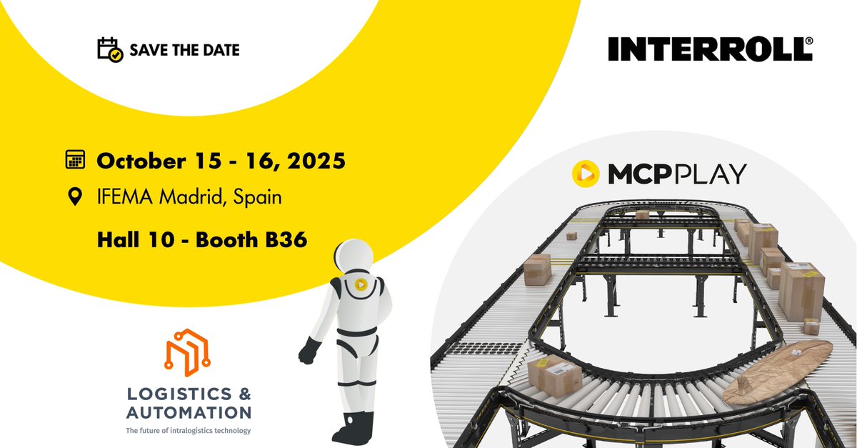 InterrollGroup's tweet photo. 🚀 Interroll is at Logistics & Automation Madrid 2025!
Discover MCP Play, our modular conveyor platform for warehouses & distribution centers across Spain & Europe. 📍
Ready to feel like an astronaut : https://t.co/Cx6gIQsJco
#MCPPLAY #WarehouseAutomation https://t.co/B26GwQGV8Y