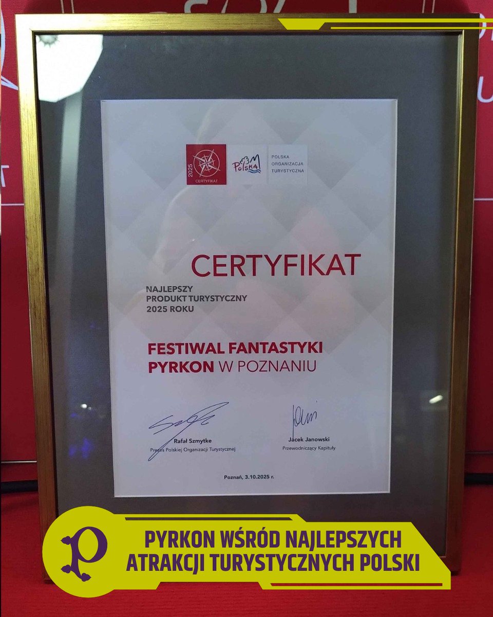 Pyrkon laureatem najważniejszej nagrody w branży turystycznej "Najlepszy Produkt Turystyczny roku 2025" – Certyfikatu Polskiej Organizacji Turystycznej. 🥰🎉

Dziękujemy wolontariuszom, którzy od 25 lat tworzą Fantastyczne Miejsce Spotkań - to Wasza zasługa! 💜

#Pyrkon