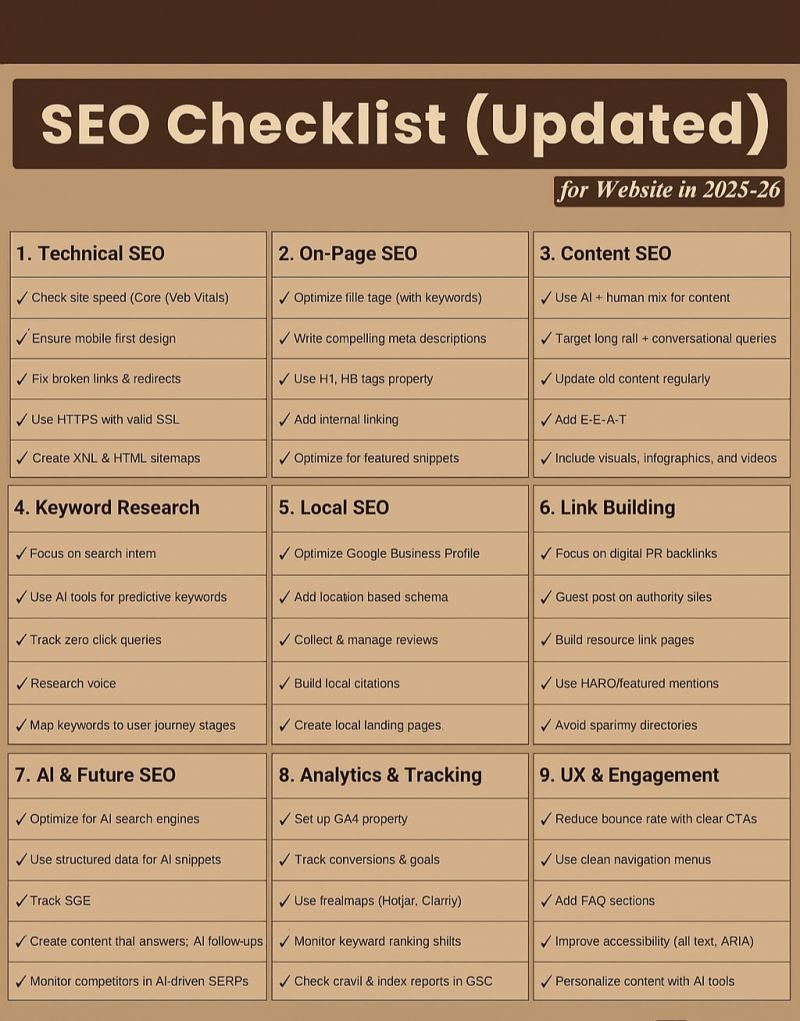 WPWebMadness's tweet image. SEO Checklist (Updated) for Website in 2025-26.
.
Covering Technical SEO, On-Page, Content, AI SEO, Local SEO &amp;amp; more — a complete step-by-step guide to rank higher in 2025. #SEOChecklist #DigitalMarketing #SEOTips #ContentMarketing hashtag#OnPageSEO #TechnicalSEO #LocalSEO