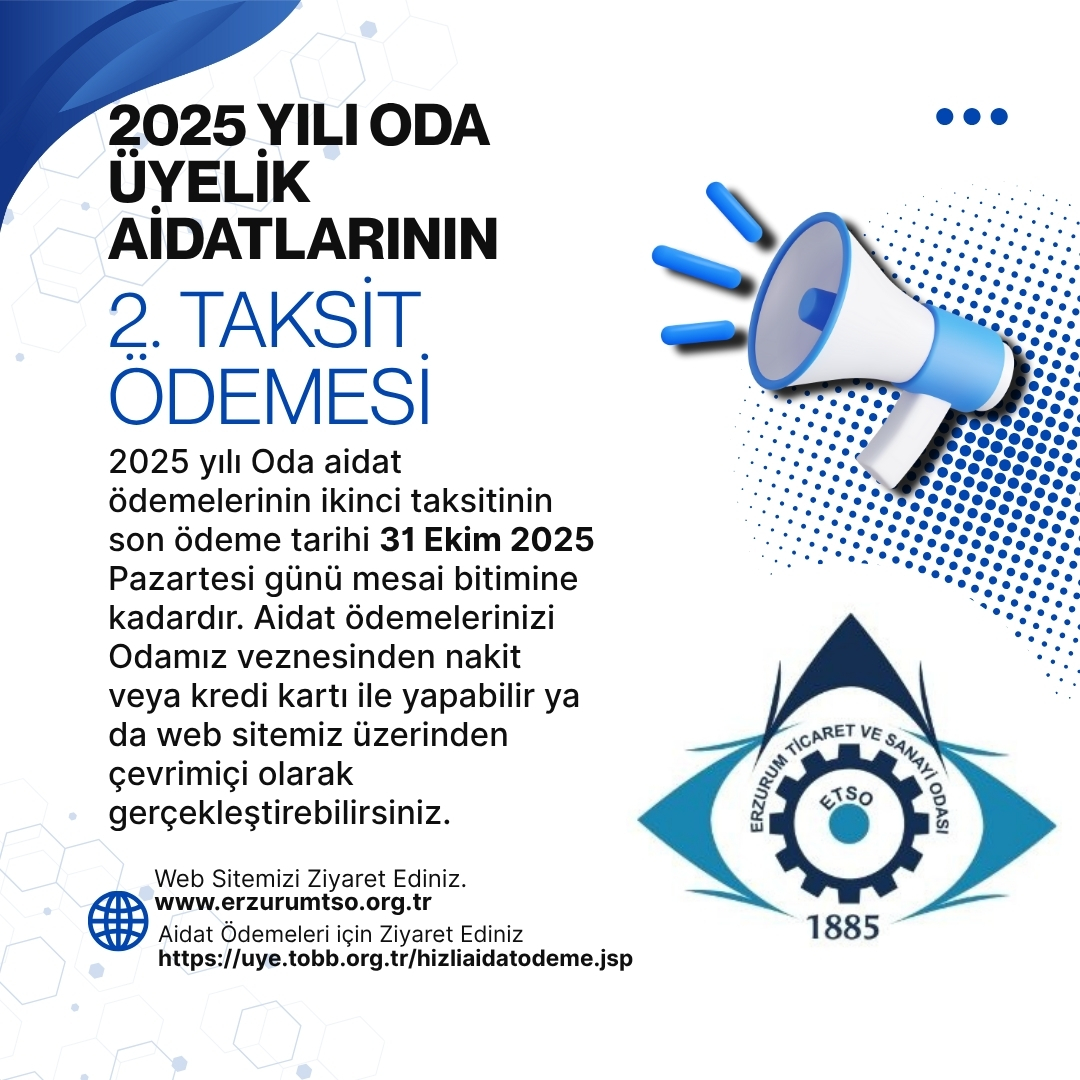 2025 YILI ODA ÜYELİK AİDATLARININ 2. TAKSİT ÖDEMESİ
2025 yılı Oda aidat ödemelerinin ikinci taksitinin son ödeme tarihi 31 Ekim 2025 Pazartesi günü mesai bitimine kadardır. Aidat ödemelerinizi Odamız veznesinden nakit veya kredi kartı ile yapabilir ya da web sitemiz üzerinden