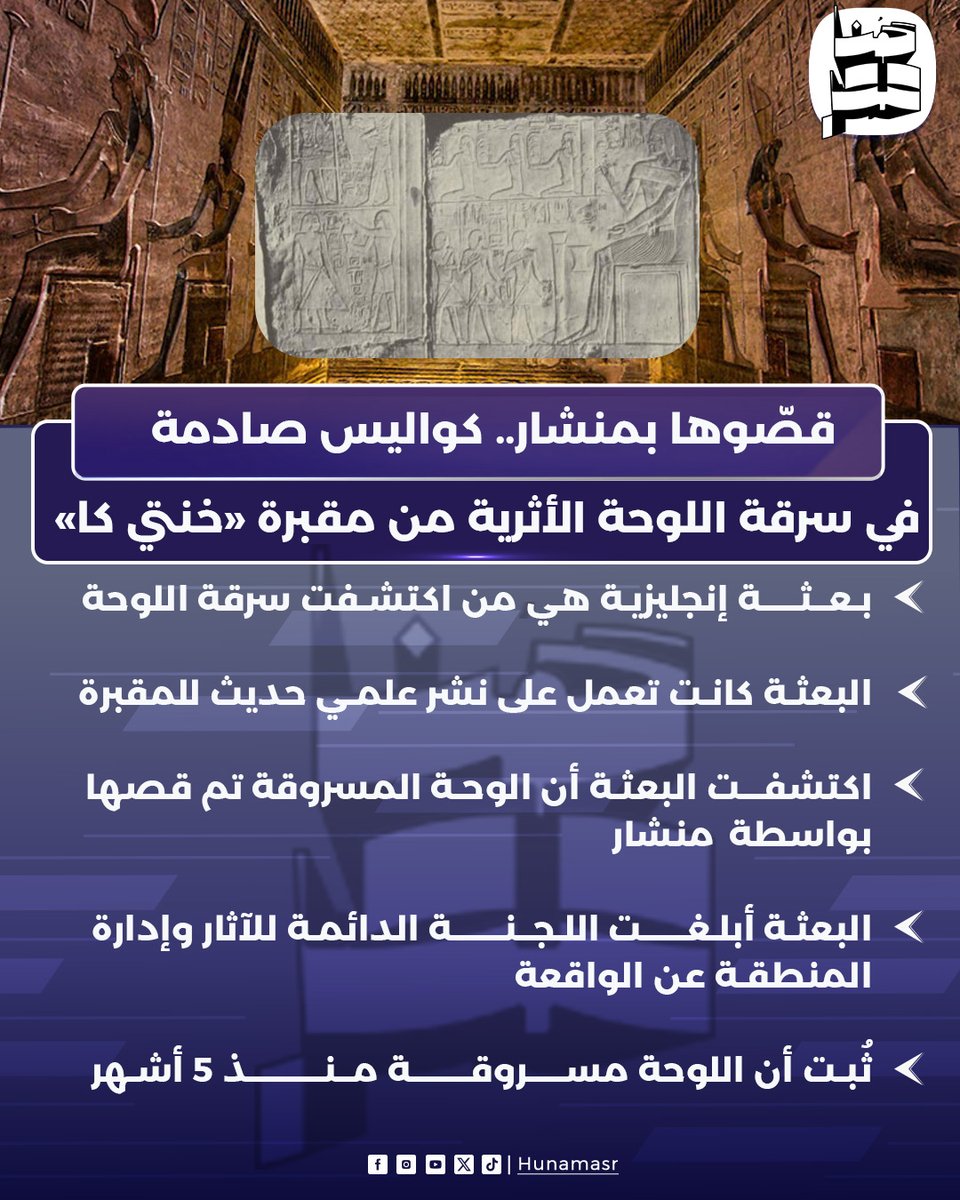 Eyaaaad's tweet image. بعد سرقة السوار الفرعوني...

سرقة جدار فرعوني من داخل أحد المقابر بعدما استخدم اللصوص منشار كهربائي لإزالة لوحة مرسومة على الجدار الأثري.

الحادثة اكتشفتها بعثة إنجليزية ووقعت في مقبرة &quot;خنتي كا&quot; بمنطقة سقارة في محافظة الجيزة، ومنذ عام 2019 لم تُفتح المقبرة مما يعني أن اللوحة قد…