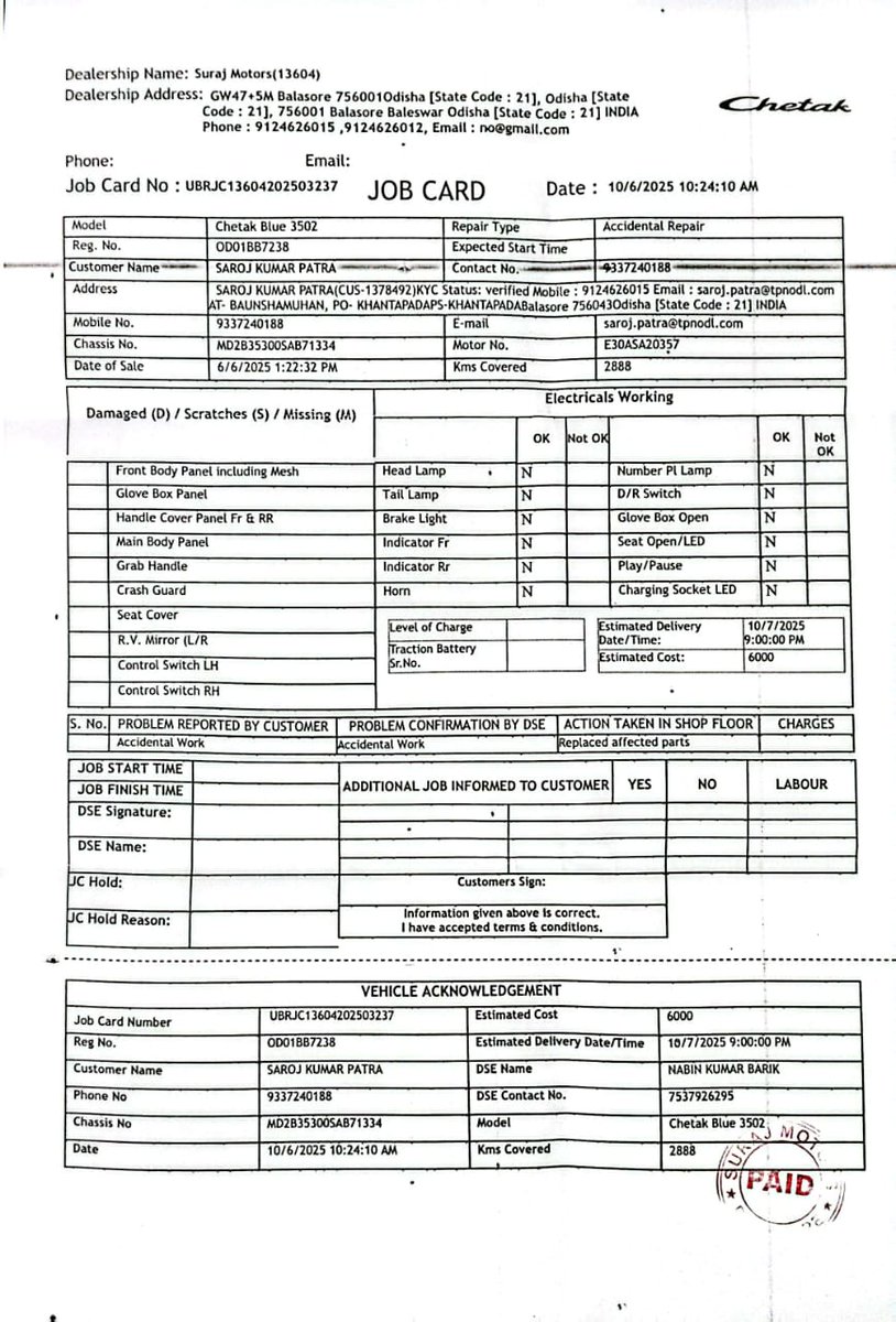 Sarojptr's tweet photo. I am facing severe issues with post-accident service for my Chetak EV Vehicle No-OD01BB7238. The authorized service centre “chetak suraj Bajaj, Balasore” is not cooperating properly. It has been 30 days since the accident/claim (claim no-3000394303, dt-15-09-2025) was filed, https://t.co/weBwRZI2Sx
