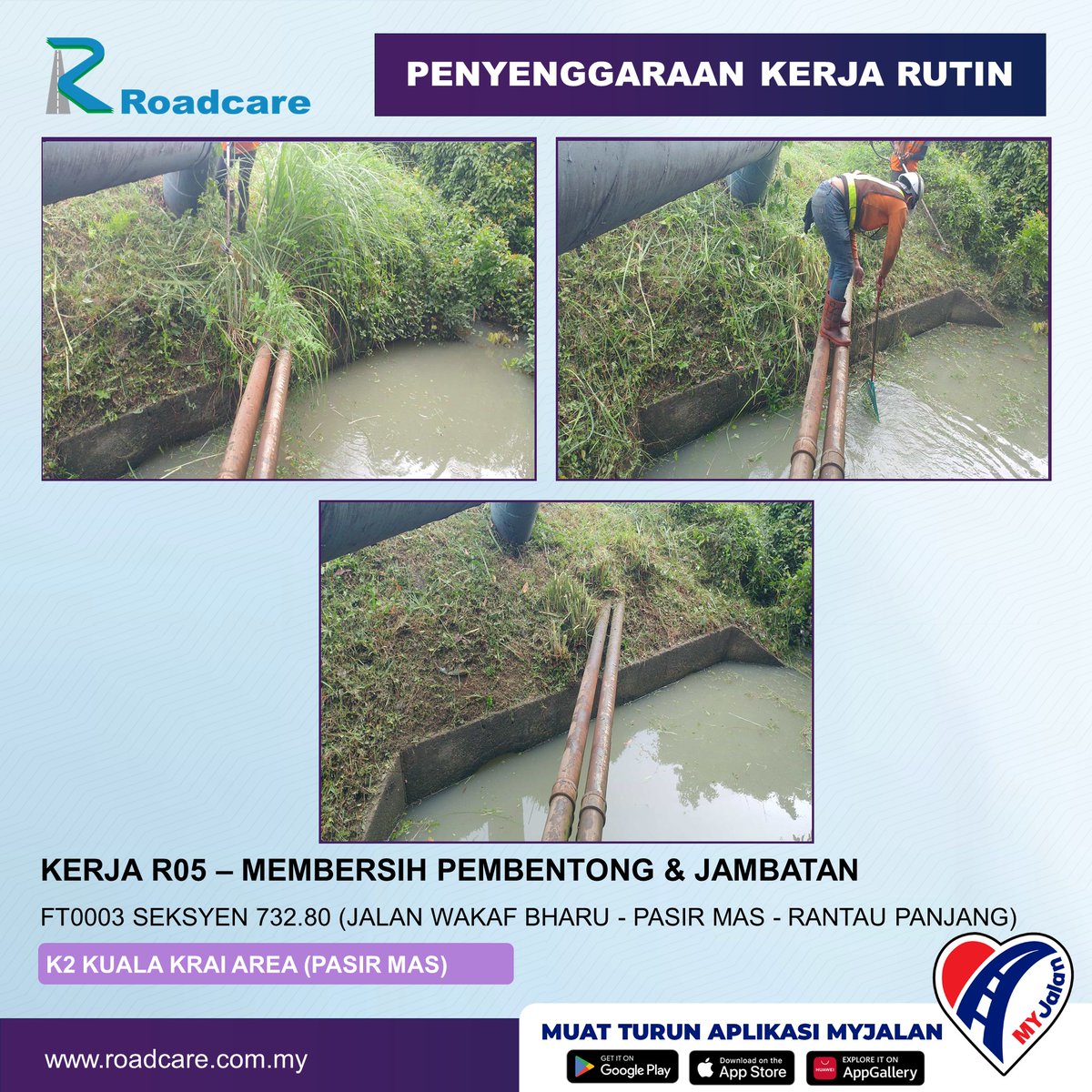 🚧👷🏻‍♂️Kemas kini kerja-kerja rutin👷🏻‍♂️🚧
Rutin: R05  - Membersih Pembentong
Tarikh: 06 Oct 2025
Daerah: Pasir Mas, Kelantan
Lokasi: FT003 Seksyen 732.80 (Jalan Wakaf Bharu - Pasir Mas - Rantau Panjang)