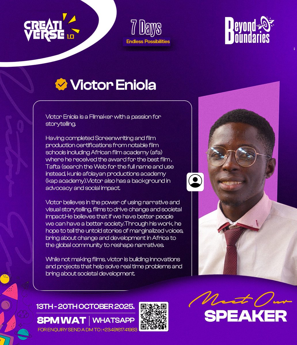 Creatverse2025's tweet image. 🎬✨ Meet our Speaker – Victor Eniola

An award-winning filmmaker &amp;amp; storyteller using the power of narrative to inspire change, amplify voices &amp;amp; reshape society. 🌍
📌 Catch him live at CreatiVerse 1.0
🗓 13th–20th Oct 2025 | ⏰ 8PM WAT | WhatsApp

#CreatiVerse #BeyondBoundaries