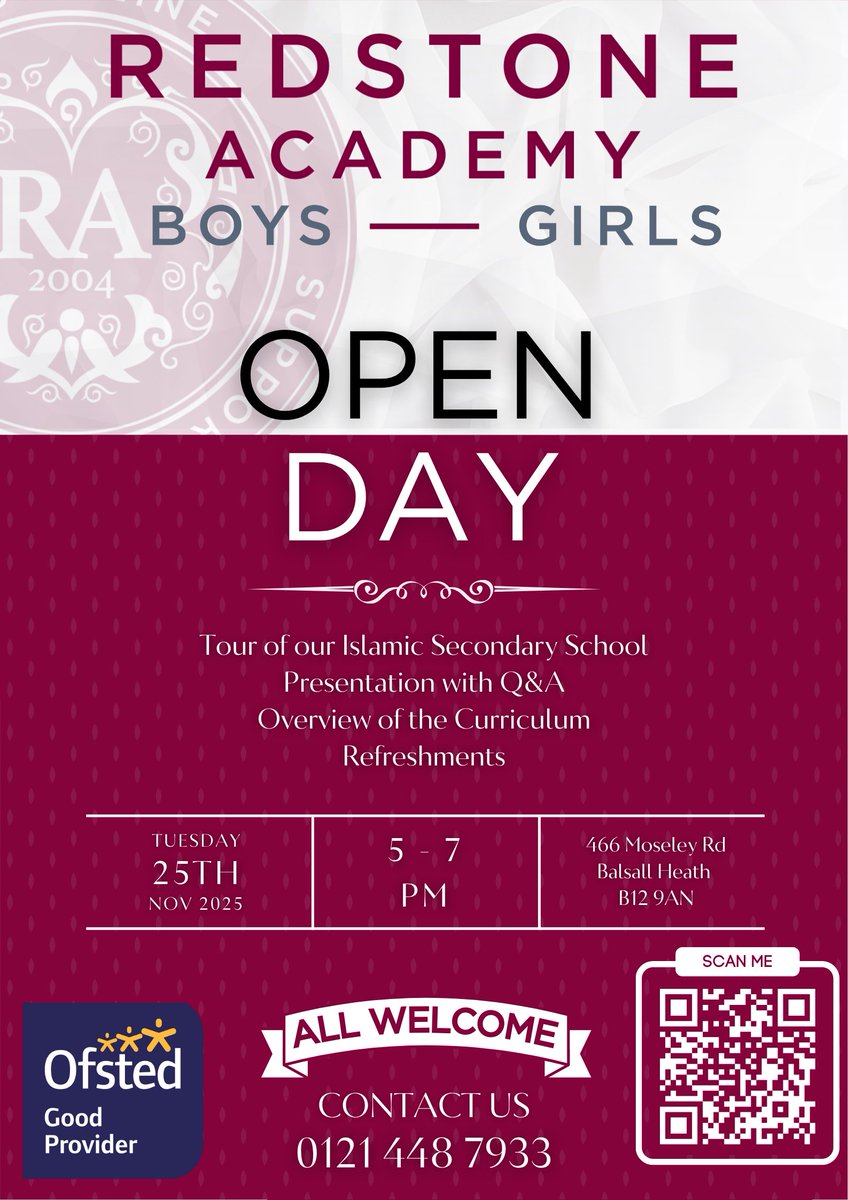 RedstoneAcademy's tweet image. Join us for Redstone Academy’s Open Day ✨

📅 Tuesday, 25th November 2025
🕔 5:00 – 7:00 PM
📍 466 Moseley Rd, Balsall Heath, B12 9AN

🤝 Meet our Headteacher, staff &amp;amp; students
🏫 Tour our school
☕ Refreshments provided

🔗 Book your place today: forms.gle/owmqqwvkmC4dzB…