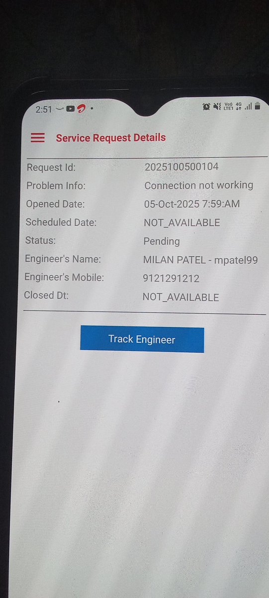 pawan_kabra85's tweet photo. @youbroadband

One more example of bad service -still engineer not assigned and CC number instead of his number 

Pl improve quality of service, otherwise not going to renew this time. https://t.co/7kodJMsi4c